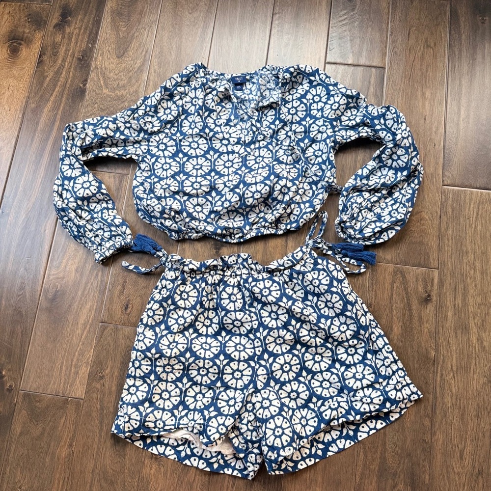 Roller Rabbit Two Piece Set Womens XXS Blue White Floral Cotton Excellent Boho